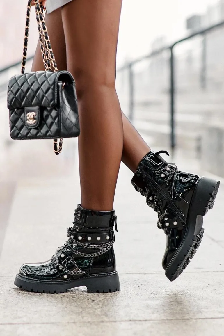 Zdobione Lakierowane Damskie Botki Workery Czarne Sibenna