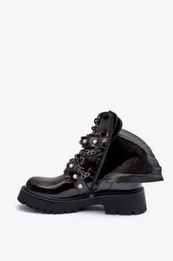 Zdobione Lakierowane Damskie Botki Workery Czarne Sibenna