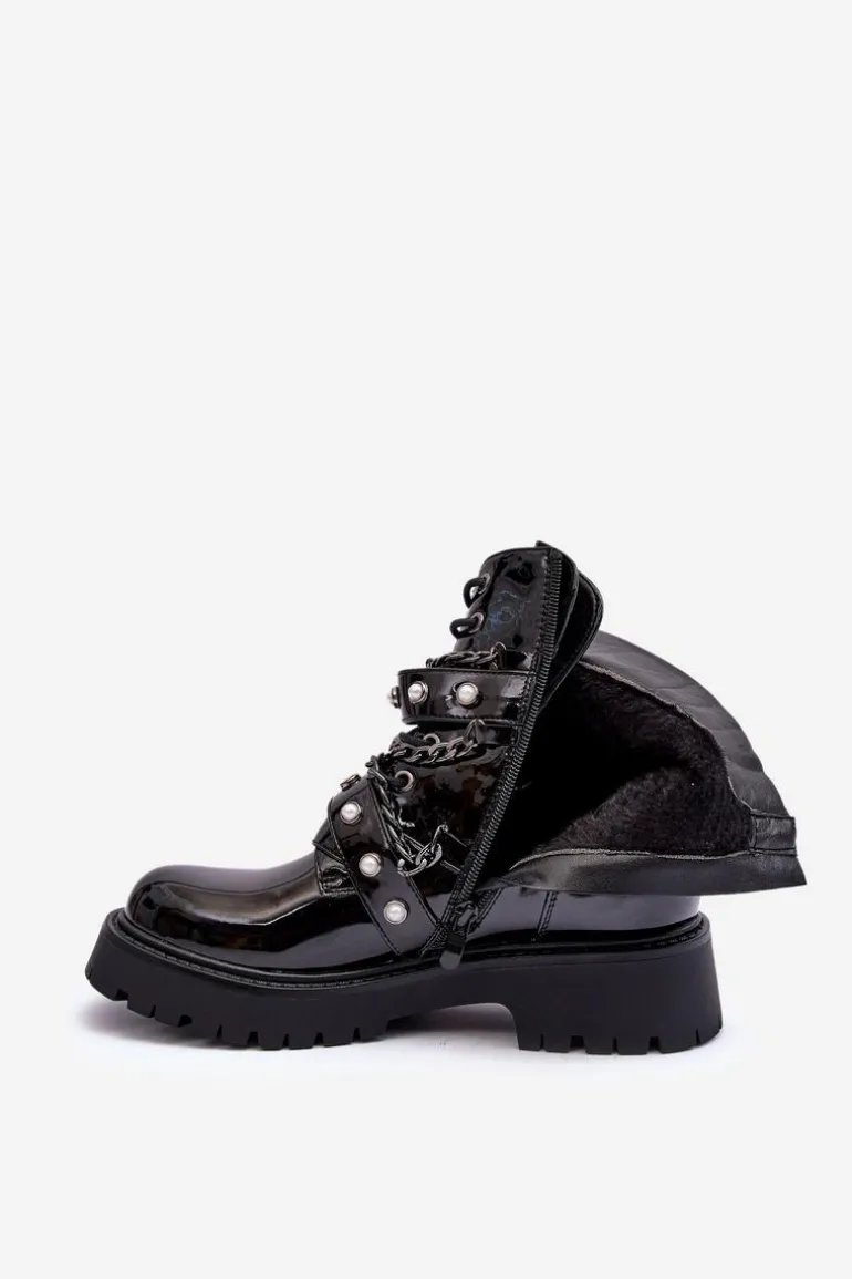 Zdobione Lakierowane Damskie Botki Workery Czarne Sibenna