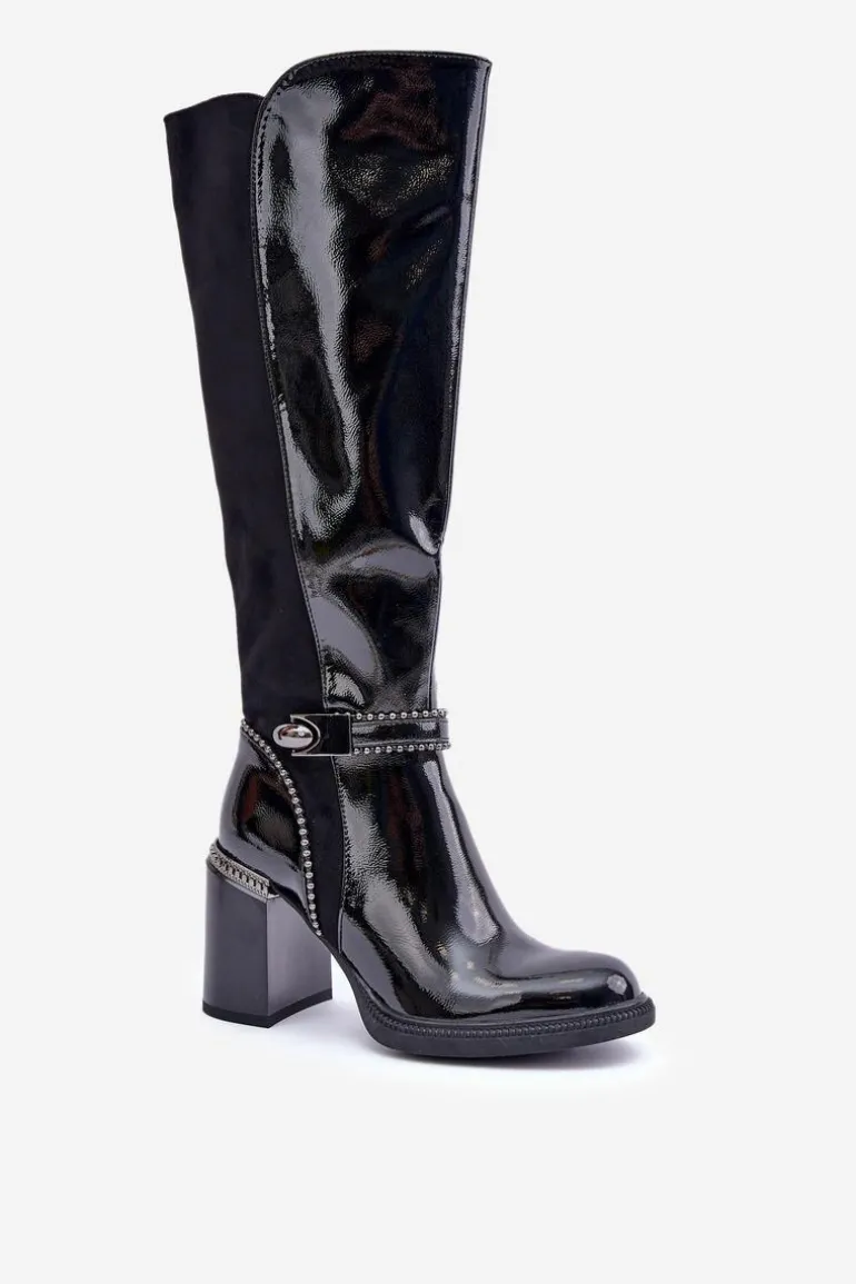 Zdobione Lakierowane Kozaki Damskie Na Słupku D&A MR880-055 Czarne