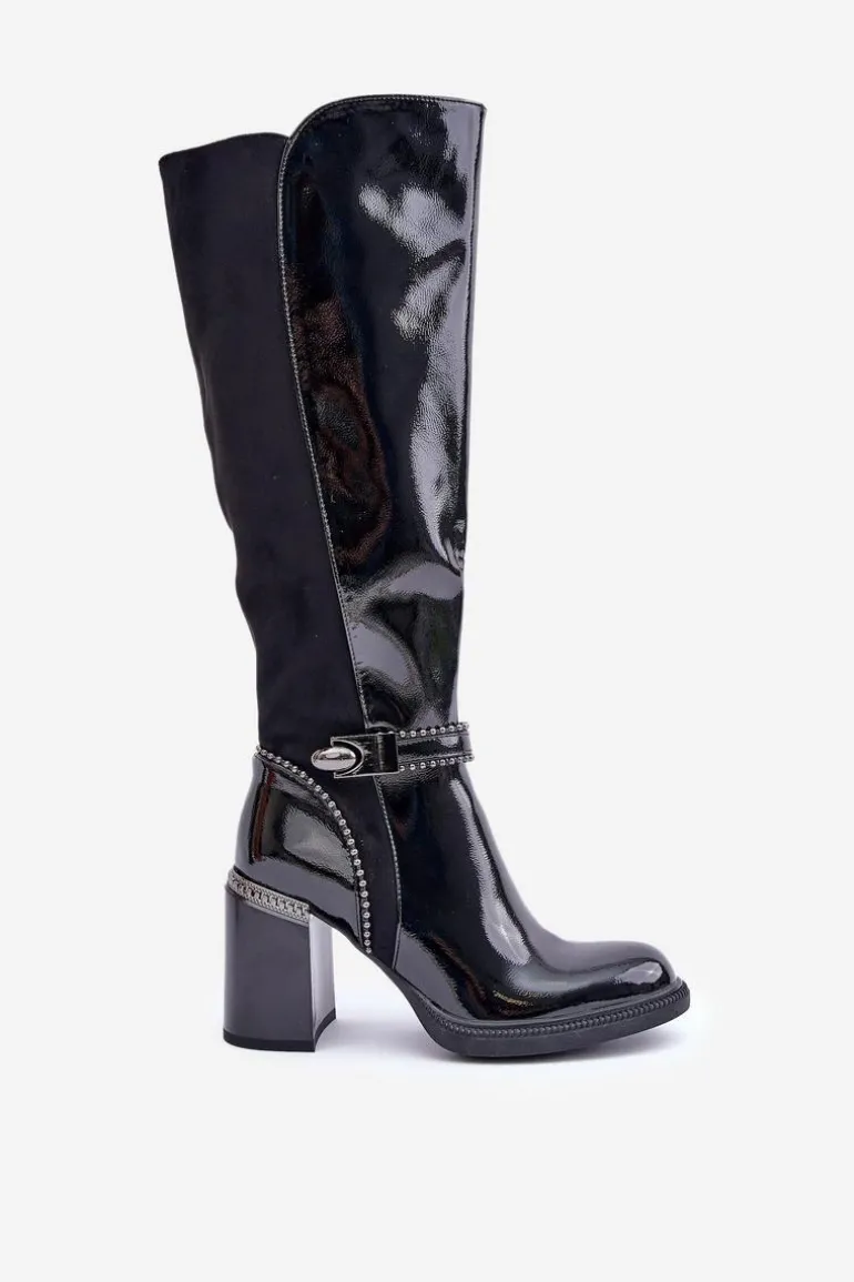Zdobione Lakierowane Kozaki Damskie Na Słupku D&A MR880-055 Czarne