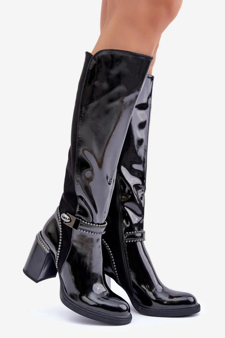 Zdobione Lakierowane Kozaki Damskie Na Słupku D&A MR880-055 Czarne