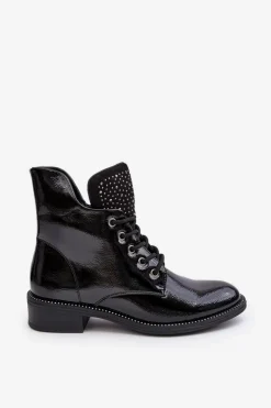 Zdobione Lakierowane Niskie Botki Damskie Czarne Hattia