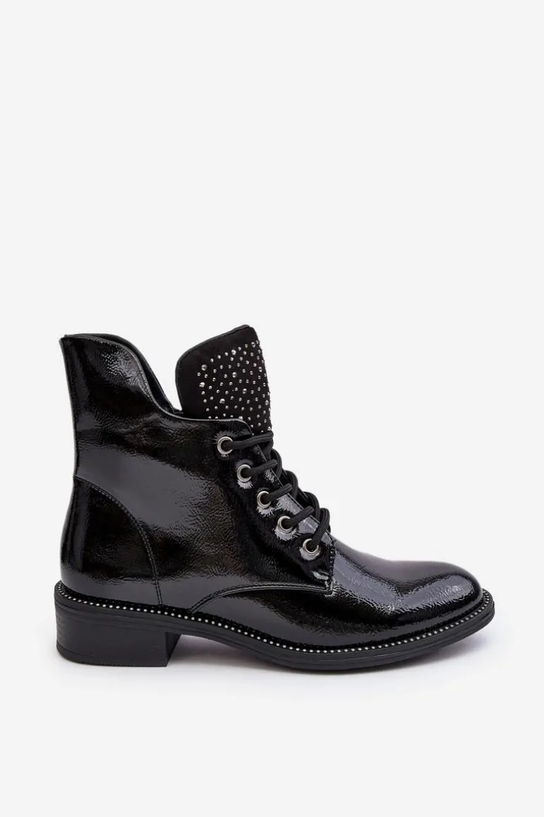 Zdobione Lakierowane Niskie Botki Damskie Czarne Hattia