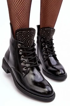 Zdobione Lakierowane Niskie Botki Damskie Czarne Hattia