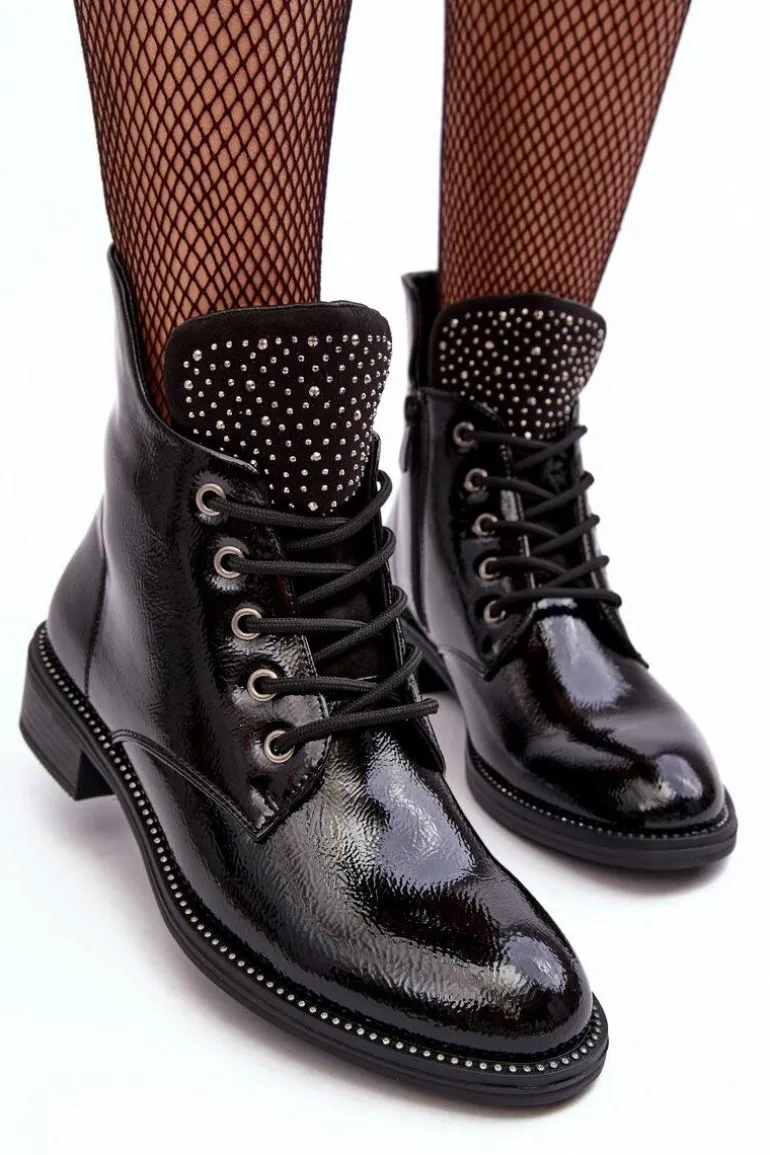 Zdobione Lakierowane Niskie Botki Damskie Czarne Hattia