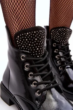 Zdobione Lakierowane Niskie Botki Damskie Czarne Hattia