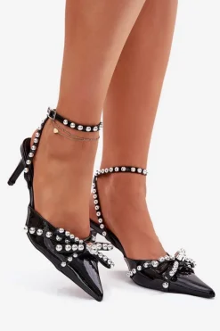 Zdobione Lakierowane Szpilki Z Odkrytą Piętą Czarne Redaine