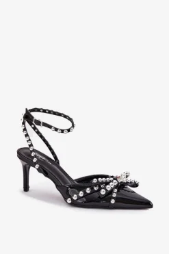 Zdobione Lakierowane Szpilki Z Odkrytą Piętą Czarne Redaine