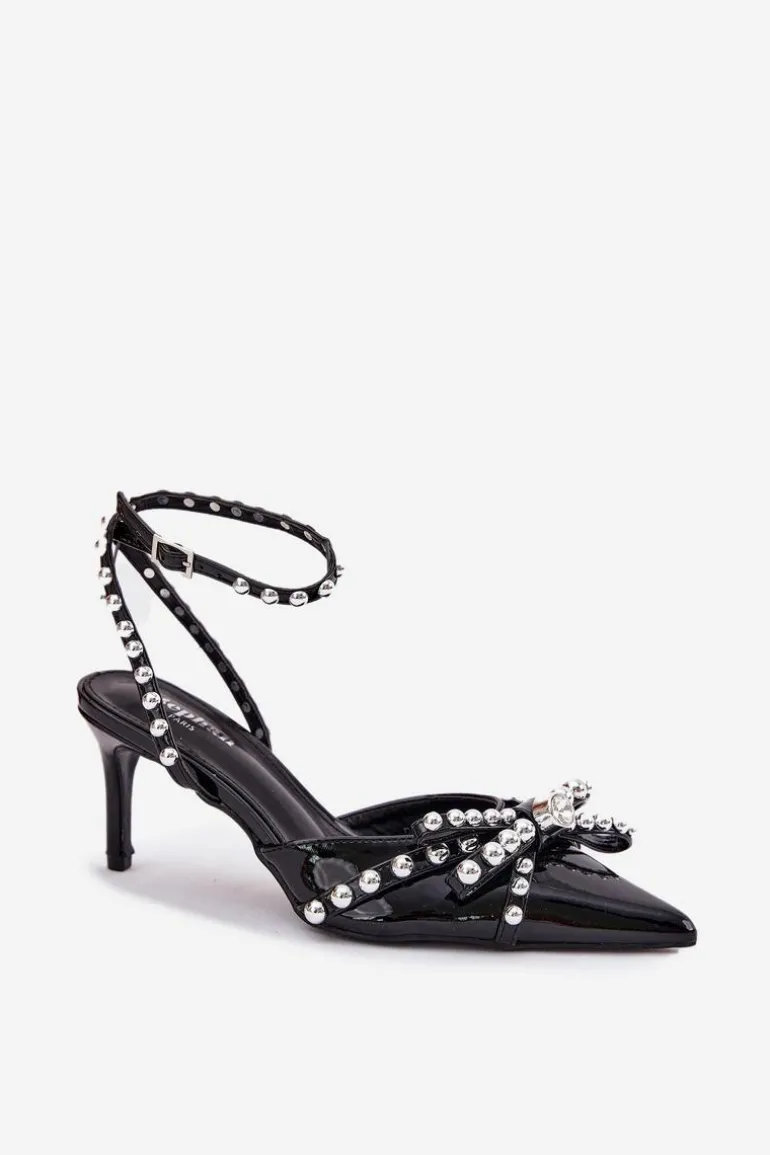 Zdobione Lakierowane Szpilki Z Odkrytą Piętą Czarne Redaine