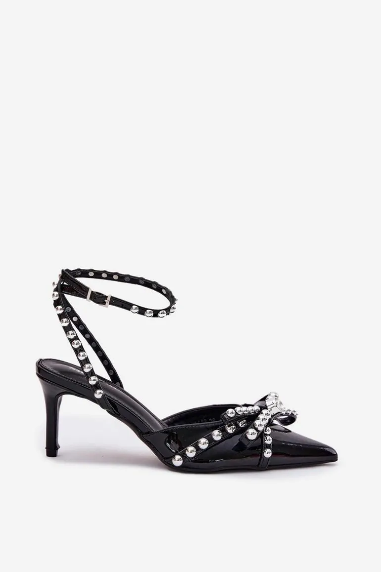 Zdobione Lakierowane Szpilki Z Odkrytą Piętą Czarne Redaine