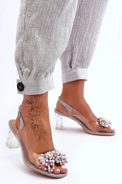 Zdobione Modne Sandały Na Słupku Szare S.Barski MR1037-23