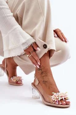 Zdobione Modne Sandały Na Słupku Beżowe S.Barski MR1037-23