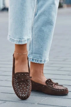 Zdobione Mokasyny Damskie Z Eko Zamszu Brązowe Prissine