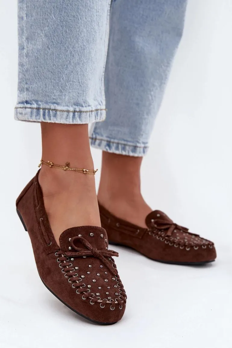 Zdobione Mokasyny Damskie Z Eko Zamszu Brązowe Prissine
