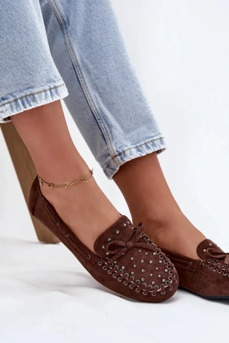Zdobione Mokasyny Damskie Z Eko Zamszu Brązowe Prissine