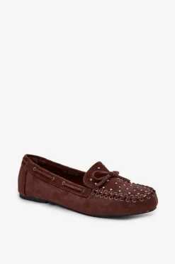 Zdobione Mokasyny Damskie Z Eko Zamszu Brązowe Prissine