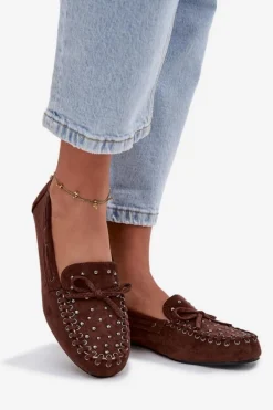 Zdobione Mokasyny Damskie Z Eko Zamszu Brązowe Prissine