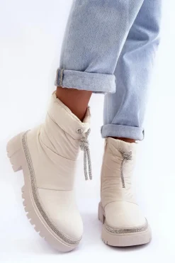 Zdobione Śniegowce Na Płaskim Obcasie Jasnobeżowe Plotia