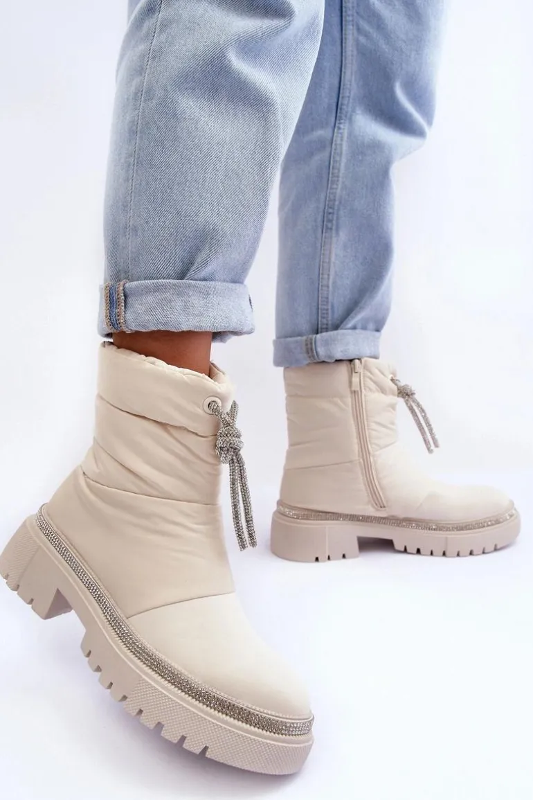 Zdobione Śniegowce Na Płaskim Obcasie Jasnobeżowe Plotia