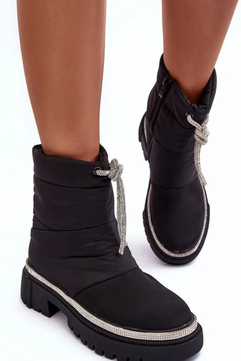 Zdobione Śniegowce Na Płaskim Obcasie Czarne Plotia