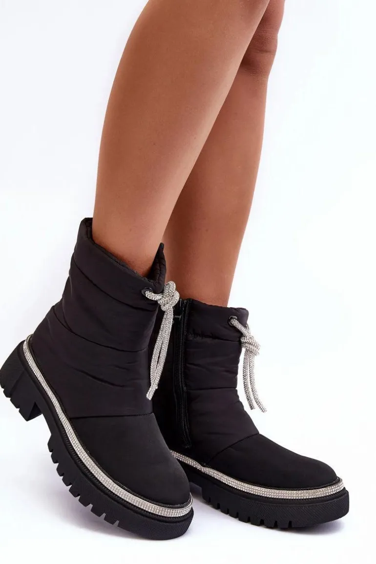 Zdobione Śniegowce Na Płaskim Obcasie Czarne Plotia