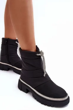 Zdobione Śniegowce Na Płaskim Obcasie Czarne Plotia