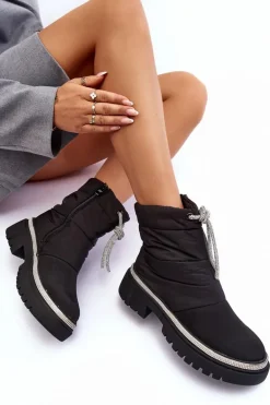 Zdobione Śniegowce Na Płaskim Obcasie Czarne Plotia