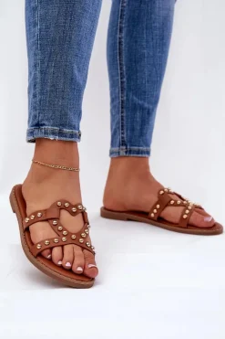 Zdobione Płaskie Klapki Damskie Camel Adivrae