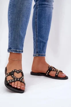 Zdobione Płaskie Klapki Damskie Czarne Adivrae