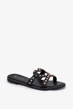 Zdobione Płaskie Klapki Damskie Czarne Adivrae