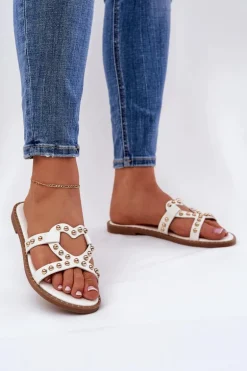 Zdobione Płaskie Klapki Damskie Białe Adivrae