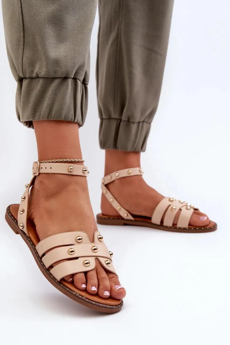 Zdobione Sandały Damskie Na Płaskim Obcasie Beżowe Ianaera