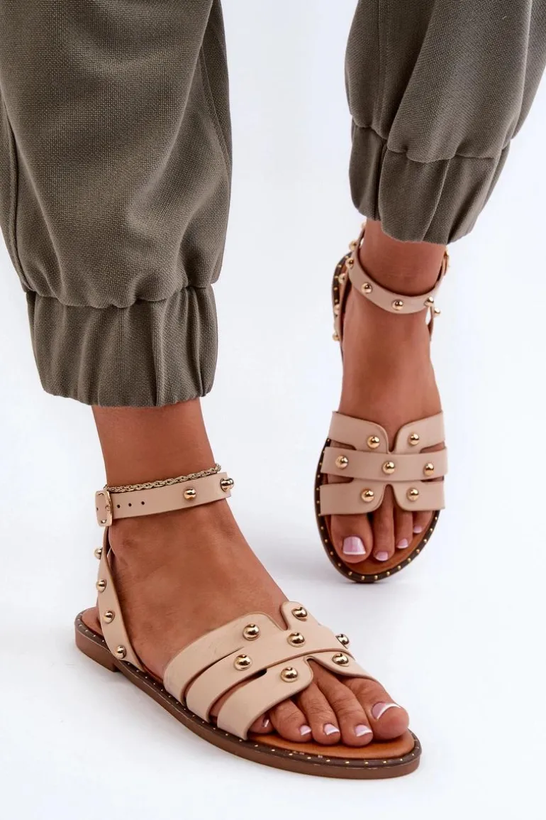 Zdobione Sandały Damskie Na Płaskim Obcasie Beżowe Ianaera