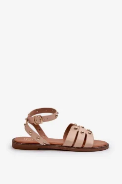 Zdobione Sandały Damskie Na Płaskim Obcasie Beżowe Ianaera