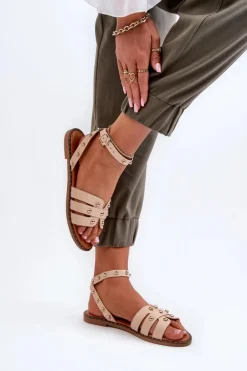 Zdobione Sandały Damskie Na Płaskim Obcasie Beżowe Ianaera
