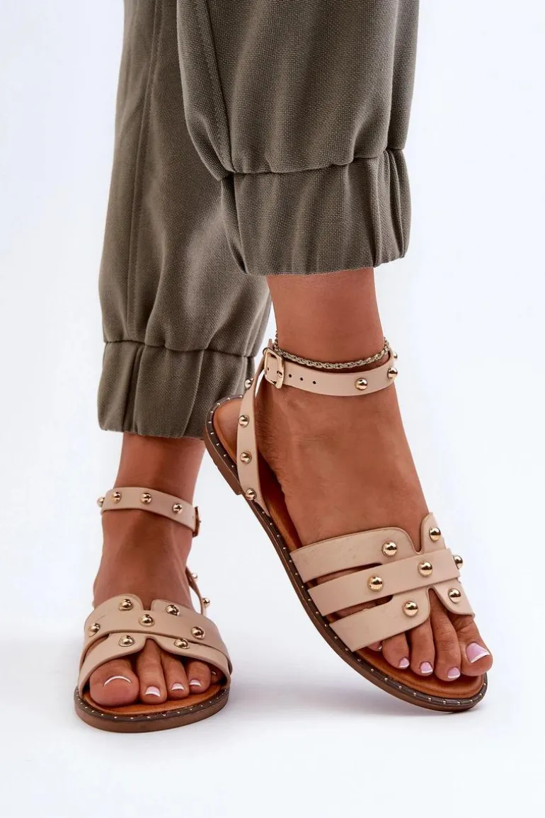 Zdobione Sandały Damskie Na Płaskim Obcasie Beżowe Ianaera