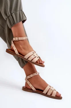 Zdobione Sandały Damskie Na Płaskim Obcasie Beżowe Ianaera