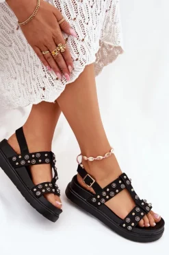 Zdobione Sandały Damskie Na Platformie Czarne Mailisa