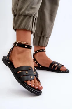 Zdobione Sandały Damskie Na Płaskim Obcasie Czarne Ianaera