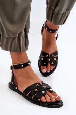 Zdobione Sandały Damskie Na Płaskim Obcasie Czarne Ianaera