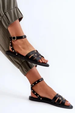 Zdobione Sandały Damskie Na Płaskim Obcasie Czarne Ianaera