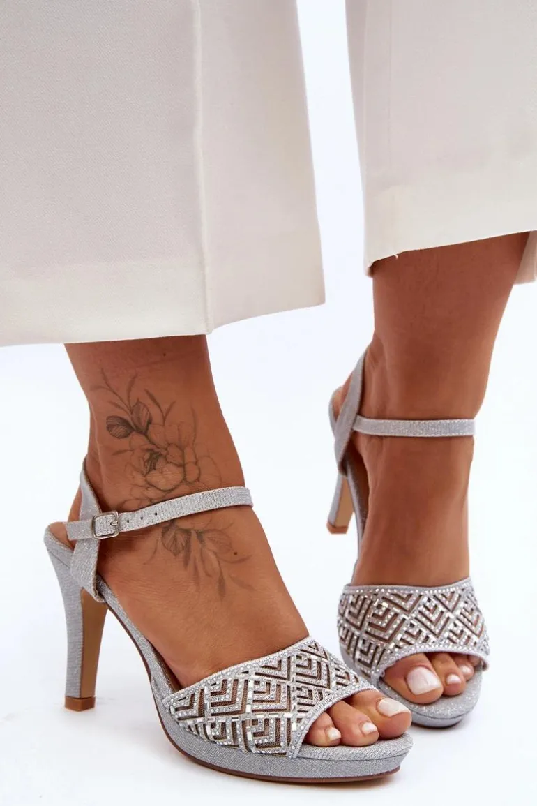 Zdobione Sandały Na Obcasie D&A MR1038-44 Srebrne