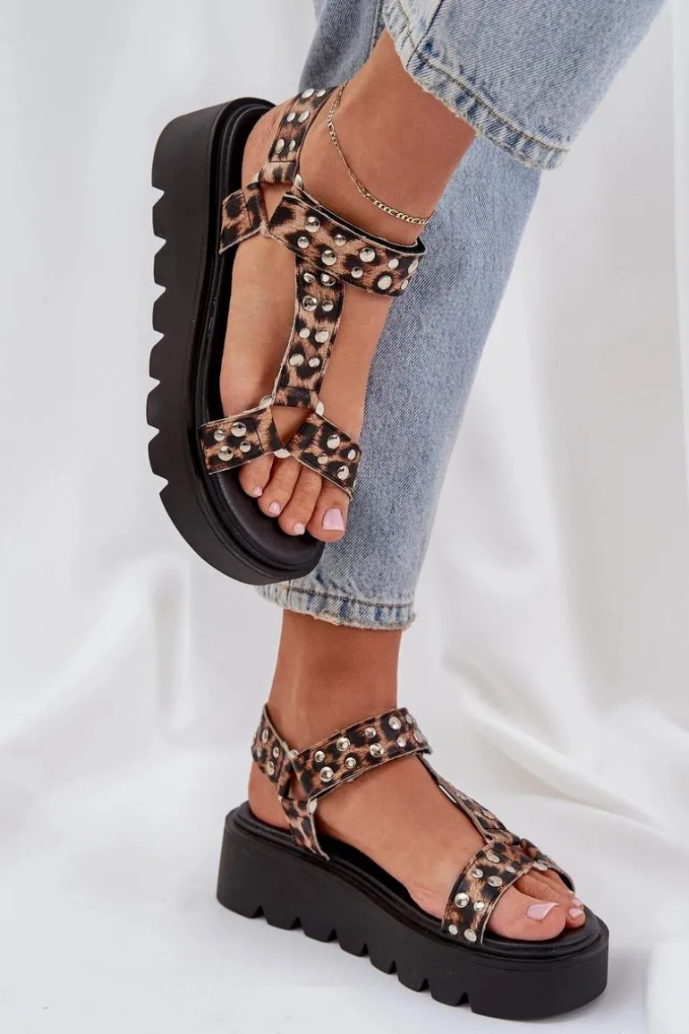 Zdobione Sandały Na Platformie Panterka Brązowe Tatellia