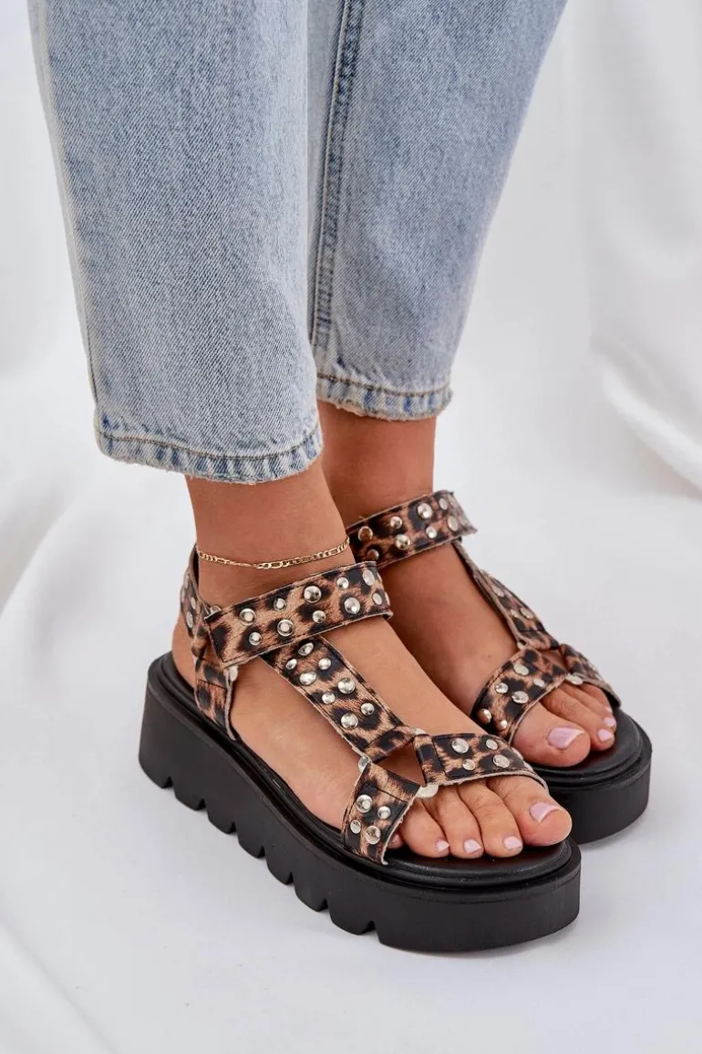 Zdobione Sandały Na Platformie Panterka Brązowe Tatellia