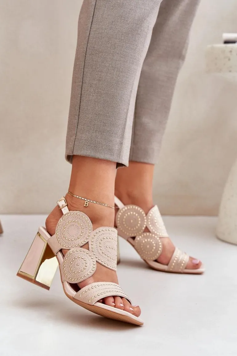 Zdobione Sandały Na Słupku Beżowe Delariona