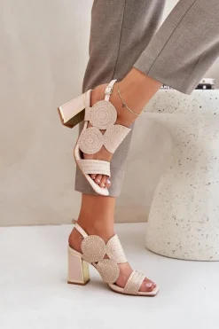 Zdobione Sandały Na Słupku Beżowe Delariona