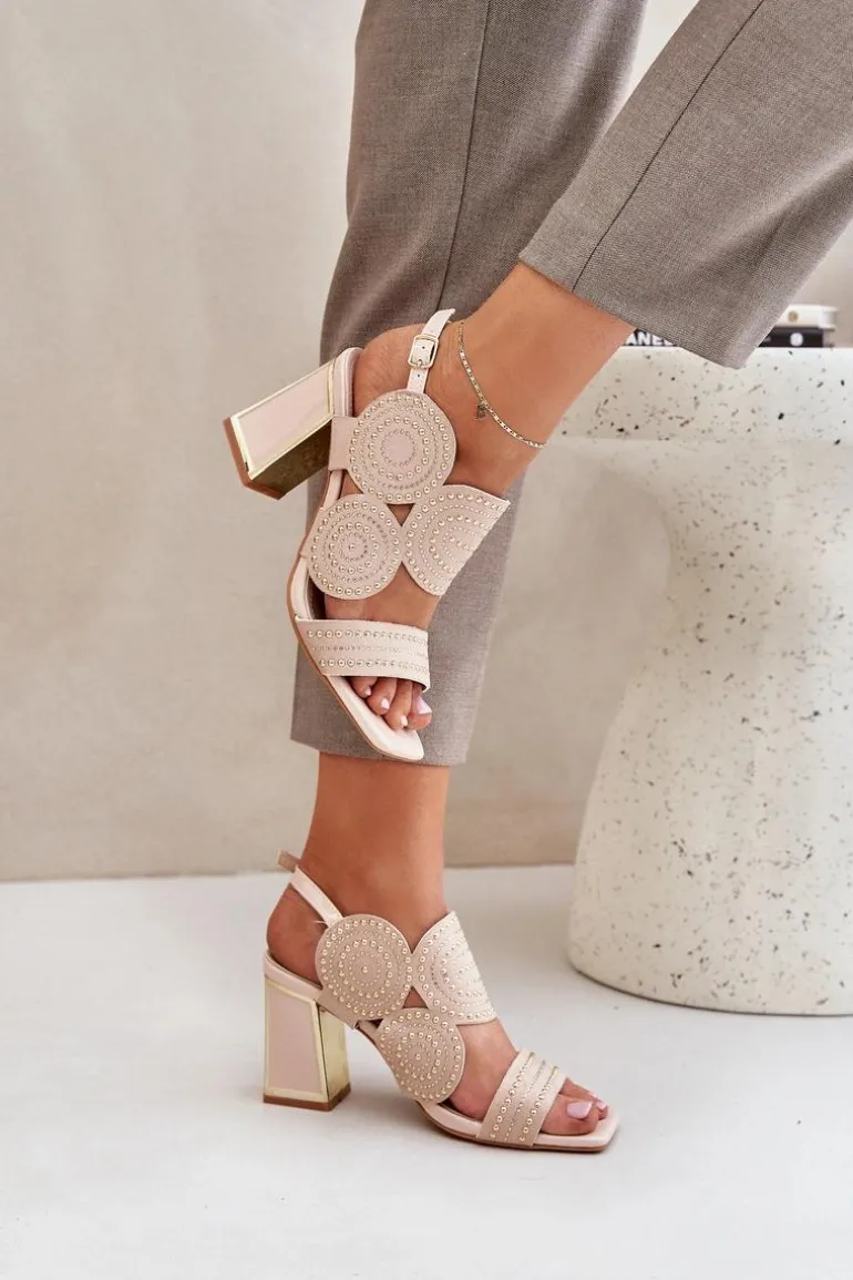 Zdobione Sandały Na Słupku Beżowe Delariona