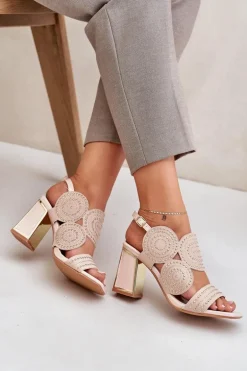 Zdobione Sandały Na Słupku Beżowe Delariona