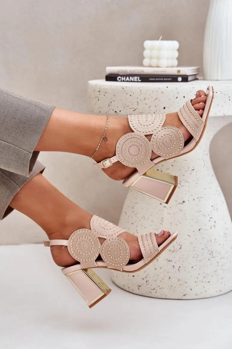 Zdobione Sandały Na Słupku Beżowe Delariona